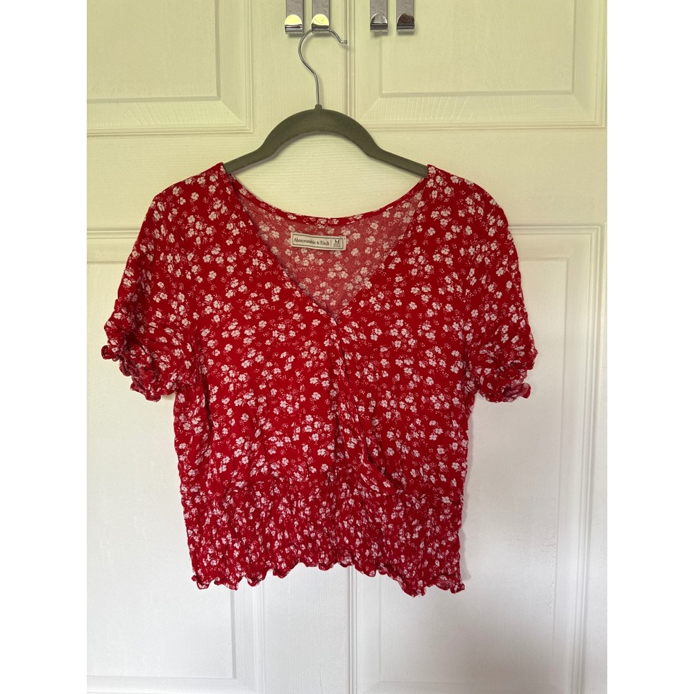 Abercrombie & Fitch Red Floral Smocked Waist V-Neck Crop Top Blouse Womens M